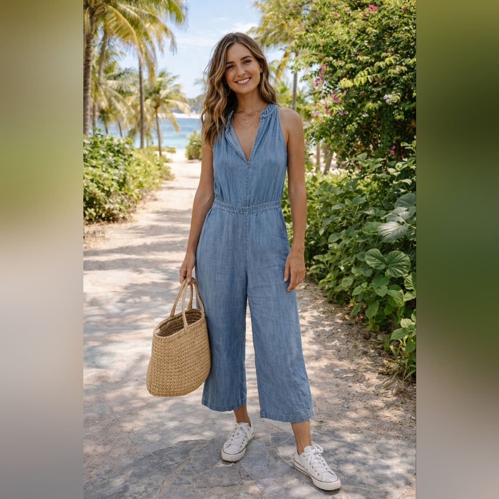 J.Crew Point Sur Indigo Chambray Ruffle V Neck Sleeveless Crop Jumpsuit Size 00